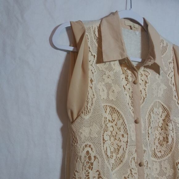 Ryu CottageCore Sleeveless Beige Lace Overlay Button Front Dress Beach Boho Sz S - Picture 3 of 10